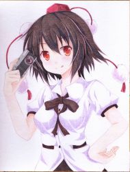 Rule 34 | 1girl, :q, black hair, bow, camera, collared shirt, hand on own hip, hat, kittona, looking at viewer, pom pom (clothes), puffy short sleeves, puffy sleeves, red eyes, ribbon, scan, shameimaru aya, shikishi, shirt, short hair, short sleeves, simple background, smile, solo, tokin hat, tongue, tongue out, touhou, traditional media, upper body, watercolor pencil (medium), white background