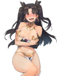 Rule 34 | 1girl, :d, armlet, asymmetrical sleeves, bare arms, bare legs, bare shoulders, black detached sleeves, black hair, black ribbon, blush, breasts, breasts apart, crossed arms, detached sleeves, earrings, embarrassed, fang, fate/grand order, fate (series), female focus, flying sweatdrops, gem, groin, hair ribbon, highres, hoop earrings, ishtar (fate), ishtar (fate), jewelry, kurowa, legs, loincloth, long hair, looking at viewer, medium breasts, midriff, navel, neck ring, no panties, open mouth, pelvic curtain, red eyes, revealing clothes, ribbon, shy, simple background, single sleeve, smile, solo, sweat, tohsaka rin, two side up, type-moon, uneven sleeves, wardrobe malfunction, white background