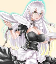 Rule 34 | 1girl, absurdres, azur lane, black bow, black dress, bow, braid, breasts, brown eyes, chain, cleavage, commentary request, dress, hair bow, hermione (azur lane), highres, holding, holding plate, large breasts, long hair, plate, puffy short sleeves, puffy sleeves, short sleeves, simple background, solo, take yaki, twin braids, white hair