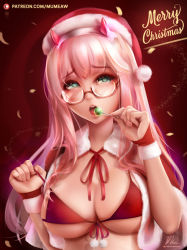 Rule 34 | 10s, 1girl, bikini, blush, breasts, candy, cape, christmas, christmas present, cleavage, darling in the franxx, food, front-tie bikini top, front-tie top, fur-trimmed headwear, fur trim, gift, glasses, green eyes, half-closed eyes, hat, large breasts, long hair, merry christmas, micro bikini, mumeaw, nipples, open mouth, pink hair, pom pom (clothes), pulling own clothes, red background, red bikini, red hat, ribbon, santa costume, santa hat, see-through, self-upload, shy, signature, simple background, solo, swimsuit, upper body, zero two (darling in the franxx)