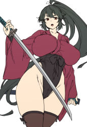 Rule 34 | 1girl, black hair, breasts, brown eyes, flat color, highleg, highres, holding, holding sword, holding weapon, houtengeki, japanese clothes, katana, large breasts, long hair, long sleeves, looking at viewer, open mouth, original, ponytail, samurai, simple background, sword, thighhighs, thighs, weapon, white background, wide hips, wide sleeves