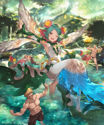 1girl 3boys aqua_fairy_(shadowverse) armpits barefoot blonde_hair blush braid braided_ponytail breasts brown_shorts commentary_request company_name day dress ezusuke fairy fairy_wings feathered_wings flexing floating flower foliage forest from_above full_body green_dress green_hair hair_flower hair_ornament highres light_particles long_hair looking_at_viewer lying magic male_swimwear multicolored_hair multiple_boys muscular muscular_male nature official_art on_side one_eye_closed open_mouth outdoors pink_flower pink_hair red_eyes shadowverse shorts small_breasts smile swim_briefs teeth tree two-tone_dress two-tone_hair upper_teeth_only water white_dress wings