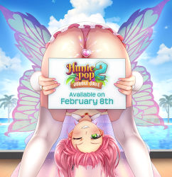 Rule 34 | 1girl, ;d, ass, bangs, beach, bent over, between legs, blush, butt plug, commentary, detached collar, dress, english commentary, fairy wings, floor, green eyes, grin, holding, holding sign, hunie (series), huniepop, huniepop 2, jewel plug, jewelry, kyu sugardust, looking at viewer, looking through legs, mixed-language commentary, ninamo, ocean, official art, one eye closed, open mouth, outdoors, palm tree, panties, panties aside, pink dress, pink hair, pink panties, pink shirt, promotional art, release date, ruby (gemstone), sex toy, shirt, short twintails, sign, smile, solo, tareme, teeth, thighhighs, thong, tile floor, tiles, tree, twintails, underwear, upskirt, water, white legwear, wings, wink
