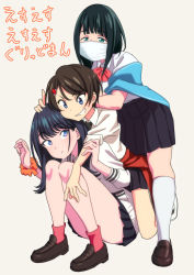 Rule 34 | 3girls, absurdres, black hair, black skirt, blue eyes, bow, bowtie, brown footwear, cardigan, clothes around waist, collared shirt, convenient leg, dress shirt, gridman universe, grin, hassu, highres, kneehighs, leaning on person, loafers, long hair, long sleeves, looking at another, mask, microskirt, miniskirt, mouth mask, multiple girls, namiko, orange scrunchie, pleated skirt, qumata, red bow, red legwear, red neckwear, scrunchie, shirt, shoes, skirt, smile, socks, squatting, ssss.gridman, stacking, surgical mask, takarada rikka, white cardigan, white legwear, white shirt, wrist scrunchie