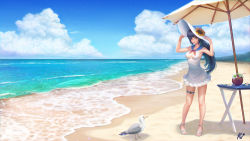 Rule 34 | 1girl, absurdres, beach, beach umbrella, bird, black hair, blue hair, breasts, brown eyes, cherry, cloud, coconut, collarbone, commentary, copyright request, day, dress, drinking straw, flower, food, fruit, fruit cup, hands on headwear, hat, highres, long hair, looking at viewer, md5 mismatch, medium breasts, outdoors, parted lips, ponytail, resolution mismatch, sailor dress, sandals, seashell, shadow, shell, sign, sky, sleeveless, sleeveless dress, smile, solo, source smaller, standing, sun hat, sunflower, table, thigh strap, umbrella, w ruwaki, water, white dress