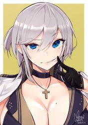 Rule 34 | 1girl, azur lane, blue eyes, breasts, choker, cleavage, collarbone, dated, fingersmile, gloves, grin, highres, jacket, jacket on shoulders, jewelry, large breasts, looking at viewer, mappaninatta, mole, mole on breast, necklace, rosary, signature, silver hair, simple background, smile, solo, upper body, washington (azur lane)