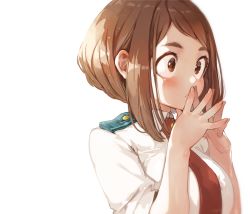 Rule 34 | 10s, 1girl, blush, boku no hero academia, breasts, brown eyes, brown hair, large breasts, looking to the side, necktie, own hands together, red necktie, ryota (ry o ta), school uniform, short hair, short hair with long locks, sidelocks, solo, steepled fingers, uraraka ochako, white background