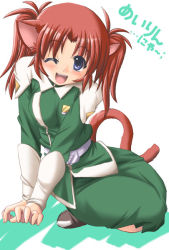 Rule 34 | 00s, 1girl, :d, animal ears, blue eyes, blush, cat ears, cat tail, gundam, gundam seed, gundam seed destiny, kemonomimi mode, meyrin hawke, one eye closed, open mouth, red hair, short hair, simple background, smile, solo, tail, tonpuu, v arms, wink