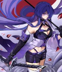 Rule 34 | 1girl, acheron (honkai: star rail), bandaged arm, bandaged leg, bandages, belt, black belt, black choker, black gloves, black shorts, breasts, chain, chain around arm, choker, cleavage, closed mouth, coat, coattails, commentary, cowboy shot, criss-cross halter, gloves, hair over one eye, halterneck, highres, holding, holding sword, holding umbrella, holding weapon, honkai: star rail, honkai (series), kakekawaimi, large breasts, leg tattoo, long hair, midriff, multicolored hair, navel, oil-paper umbrella, partially shaded face, purple eyes, purple hair, red petals, scabbard, sheath, sheathed, shorts, solo, streaked hair, sword, tattoo, umbrella, very long hair, weapon, white coat