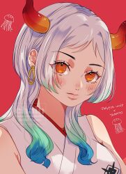 1girl anarchyintheek blue_hair blush closed_mouth commentary_request earrings green_hair highres horns japanese_clothes jewelry kimono long_hair looking_at_viewer one_piece orange_eyes orange_horns pink_background red_horns sidelocks simple_background sleeveless sleeveless_kimono solo upper_body white_hair white_kimono yamato_(one_piece)