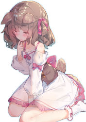 Rule 34 | 1girl, animal ears, bare shoulders, between legs, blue outline, blush, bobby socks, brown hair, closed eyes, collarbone, commentary request, dog ears, dog girl, dog tail, dress, glint, hair ribbon, hand between legs, highres, holding, long hair, long sleeves, makiaato, no shoes, off-shoulder dress, off shoulder, one side up, original, outline, pink ribbon, puffy long sleeves, puffy sleeves, ribbon, simple background, sitting, sketch, socks, solo, tail, tongue, tongue out, underbust, wariza, white background, white dress, white socks