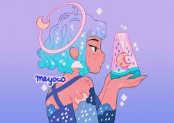 Rule 34 | 1girl, absurdres, aqua hair, artist name, black eyes, cloud, crescent moon, earrings, food, freckles, fruit, gradient background, gradient hair, highres, holding, jewelry, meyoco, moon, multicolored hair, original, purple background, purple hair, short hair, solo, sparkle, transparent, watermelon