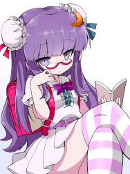 Rule 34 | 1girl, aged down, alternate costume, backpack, bag, belt, bespectacled, blouse, book, bow, bowtie, bun cover, crescent, crescent hair ornament, crossed legs, double bun, dress, female focus, givuchoko, glasses, gradient background, hair bun, hair ornament, highres, holding, holding book, long hair, looking at viewer, no headwear, open book, open mouth, patchouli knowledge, pen, pince-nez, purple eyes, purple hair, purple theme, randoseru, reading, shirt, simple background, sitting, skirt, solo, striped clothes, striped thighhighs, thighhighs, touhou, white background, white dress, zettai ryouiki