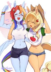 Rule 34 | 2girls, :d, ^ ^, animal ears, applejack, bandaid, bandaid on arm, bandaid on face, bandaid on nose, bandaid on stomach, black shorts, blonde hair, blue hair, blue shorts, blue skin, blue wings, blush, breasts, brown hat, clenched hand, closed eyes, colored skin, commentary request, green hair, hat, highres, horse ears, horse girl, horse tail, jenshenya, medium breasts, midriff, multicolored hair, multiple girls, my little pony, my little pony: friendship is magic, navel, open mouth, orange hair, personification, polka dot, polka dot background, purple hair, rainbow dash, red hair, shirt, short shorts, short sleeves, shorts, smile, tail, thighs, twitter username, white background, wings