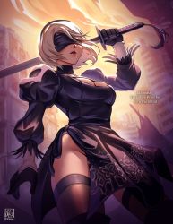 Rule 34 | 1girl, alina l, blindfold, breasts, cleavage, cleavage cutout, clothing cutout, dress, gloves, highres, legs, lips, lipstick, looking at viewer, makeup, medium breasts, mole, nier (series), nier:automata, parted lips, short hair, solo, square enix, sword, thighs, weapon, white hair, 2b (nier:automata)