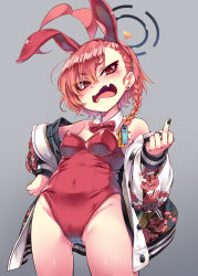 Rule 34 | 1girl, ahoge, animal ears, bare shoulders, blue archive, blush, bow, bowtie, braid, cameltoe, covered navel, cowboy shot, detached collar, fake animal ears, fang, flat chest, gluteal fold, halo, highres, huge ahoge, jacket, leotard, long sleeves, looking at viewer, middle finger, mole, mole under eye, neru (blue archive), neru (bunny) (blue archive), off shoulder, official alternate costume, open clothes, open jacket, open mouth, oversized breast cup, playboy bunny, print jacket, rabbit ears, red bow, red bowtie, red eyes, red leotard, simple background, single braid, skin fang, soine, solo, standing, strapless, strapless leotard, sukajan, tag, traditional bowtie, wavy mouth