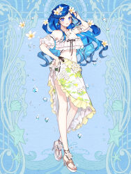 Rule 34 | 1girl, aoi fujimiya, bead anklet, blue background, blue eyes, blush, dairoku ryouhei, detached sleeves, earrings, floral print, flower, full body, hair flower, hair ornament, hand on own head, hand up, high heels, highres, jewelry, long hair, looking at viewer, navel, necklace, red nails, sandals, shichimi, smile, solo, standing, toeless legwear, very long hair, water drop, white footwear
