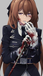 Rule 34 | 1girl, bayonet, belt, belt buckle, biting, blood, blood on clothes, blood on face, brown hair, buckle, girls&#039; frontline, glove biting, gloves, green eyes, hair between eyes, hair ribbon, hair rings, highres, holding, holding weapon, knife, long hair, military, military uniform, nakiusagi, necktie, ribbon, shirt, sidelocks, springfield (girls&#039; frontline), uniform, weapon, white gloves, white shirt