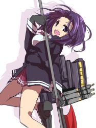 Rule 34 | 10s, 1girl, bad id, bad pixiv id, glaive (polearm), gloves, halberd, kantai collection, looking at viewer, machinery, messy hair, open mouth, polearm, purple eyes, purple hair, ribbon, sakura (lilak a), short hair, solo, tatsuta (kancolle), turret, weapon