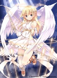 Rule 34 | 1girl, angel, angel wings, anklet, arm ribbon, arms behind back, arrow (projectile), ascendants of aetheros, bike shorts, blonde hair, blue eyes, blush, bow, bow (weapon), bushiroad, circlet, cloud, copyright name, dress, feathered wings, feathers, flower, full body, hair flower, hair ornament, halo, halterneck, head wings, jewelry, knees together feet apart, light rays, long hair, multiple wings, open mouth, refeia, ribbon, sandals, see-through, see-through legwear, seraph, shorts, shorts under dress, side slit, single thighhigh, sky, sleeveless, smile, solo, star (sky), sunbeam, sunlight, thigh gap, thighhighs, trinity valda, weapon, white dress, white thighhighs, wings