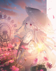 Rule 34 | 1girl, black wings, bow, commentary request, cosmos (flower), detached sleeves, dress, elbow gloves, ferris wheel, field, flower, flower field, frilled umbrella, frills, gloves, grey hair, grey umbrella, hair between eyes, highres, holding, holding umbrella, long hair, looking at viewer, looking to the side, low wings, original, parted lips, petals, pink flower, puffy short sleeves, puffy sleeves, red eyes, short sleeves, sleeveless, sleeveless dress, solo, standing, sunset, suzumori uina, umbrella, very long hair, white bow, white dress, white gloves, white sleeves, wings
