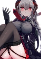 Rule 34 | 1girl, absurdres, ass, azur lane, black capelet, black garter straps, black gloves, black panties, black skirt, black thighhighs, braid, breasts, capelet, demon horns, feet out of frame, framed breasts, from below, garter straps, gloves, grey hair, hair between eyes, highres, horns, lace, lace-trimmed legwear, lace trim, large breasts, layered skirt, long hair, looking at viewer, looking down, necktie, nuernberg (azur lane), panties, pink eyes, red necktie, red skirt, shirt, simple background, single braid, siota1998, sitting, skirt, solo, taut clothes, taut shirt, tented shirt, thighhighs, two-tone skirt, underwear, very long hair, white background