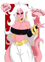 Rule 34 | 1girl, alternate form, android 21, baggy pants, breasts, cleavage, colored skin, dragon ball, dragon ball fighterz, ear piercing, earrings, hand on own hip, harem pants, highres, hoop earrings, jewelry, jinu (jinusenpai), large breasts, long hair, majin android 21, messy hair, navel, pants, piercing, pink skin, red eyes, silver hair, smile, solo, stomach, strapless, tail, tongue, tongue out, tube top