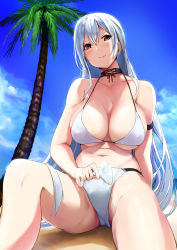 Rule 34 | 1girl, absurdres, alternate costume, azur lane, beach, bikini, blue sky, blush, breasts, closed mouth, cocktail glass, covered erect nipples, cup, day, drinking glass, hair between eyes, highres, large breasts, long hair, looking at viewer, navel, palm tree, red eyes, sepia19970310, silver hair, sitting, sky, smile, solo, sovetskaya rossiya (azur lane), swimsuit, tree, very long hair, white bikini