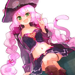 Rule 34 | 1girl, :d, animal ears, black hat, black jacket, black skirt, blush, boots, braid, breasts, brown footwear, cat ears, cat girl, cat tail, collarbone, commentary request, cross-laced footwear, crossed arms, dutch angle, epaulettes, fang, feet out of frame, green eyes, hair between eyes, hair ornament, hand up, hat, heart, heart hair ornament, highres, index finger raised, jacket, lace-up boots, long hair, long sleeves, looking at viewer, low twintails, navel, nyama, open clothes, open jacket, open mouth, pink hair, pirate hat, pleated skirt, rosia (show by rock!!), show by rock!!, simple background, skirt, small breasts, smile, solo, tail, twin braids, twintails, uneven eyes, very long hair, white background