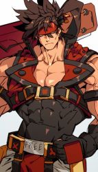 Rule 34 | 1boy, abs, arm belt, bara, belt, biceps, brown hair, clenched hand, fingerless gloves, gloves, guilty gear, gun, headband, jacket, long hair, looking at viewer, male focus, manly, mature male, muscular, muscular male, na insoo, pants, pectoral cleavage, pectorals, ponytail, shirt, sleeveless, sol badguy, solo, spiked hair, thick arms, tight clothes, veins, veiny arms, weapon, weapon on back, yellow eyes