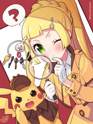 Rule 34 | 1girl, ?, belt, blonde hair, blush, braid, brown headwear, buttons, closed mouth, clothed pokemon, commentary request, cosplay, creatures (company), detective pikachu, eyelashes, game freak, gen 1 pokemon, gloves, green eyes, hair ornament, hairclip, hands up, highres, holding, holding magnifying glass, jacket, kinocopro, lillie (pokemon), long hair, magnifying glass, nintendo, one eye closed, pikachu, pokemon, pokemon masters ex, pokemon sm, ponytail, shauna (pokemon), shauna (pokemon) (cosplay), shauna (special costume) (pokemon), spoken question mark, twitter username, watermark, white gloves, yellow jacket