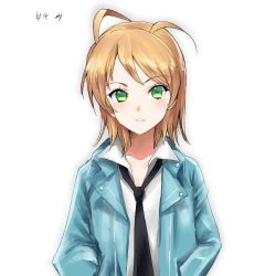 Rule 34 | 1girl, antenna hair, bad id, bad twitter id, black necktie, blonde hair, blue jacket, blush, collarbone, elrena, facing viewer, green eyes, hands in pockets, jacket, kingdom hearts, kingdom hearts unchained x, long sleeves, looking at viewer, medium hair, mizu ramen, necktie, open clothes, open jacket, parted lips, shirt, simple background, solo, standing, teeth, upper body, white background, white shirt