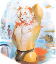Rule 34 | 1girl, 4boys, aak (arknights), abs, absurdres, animal ears, arknights, arm behind head, bara, black male swimwear, brown fur, covered penis, dog boy, dog ears, dryskeleton (drawing jimmy), facial hair, furry, furry male, goatee, heart, highres, horns, hung (arknights), large hands, large pectorals, lee (arknights), long hair, looking at another, looking at viewer, male focus, male swimwear, mountain (arknights), multiple boys, muscular, muscular male, nipples, orange eyes, pectorals, pool, scar, scar across eye, scar on arm, seductive smile, short hair, single horn, smile, solo focus, stomach, swim briefs, thick eyebrows, tiger boy, tiger ears, topless male, two-tone fur, waai fu (arknights), wet, white fur, white hair, yaoi