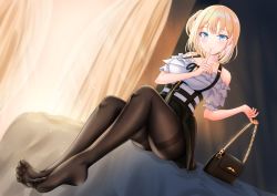 Rule 34 | 1girl, bag, bare shoulders, black pantyhose, blonde hair, blouse, blue eyes, casual, feet, finger to mouth, frills, handbag, highres, hololive, hololive english, medium hair, no shoes, official alternate costume, pantyhose, philo 324, shirt, side ponytail, sitting, skirt, soles, solo, toes, virtual youtuber, watson amelia, watson amelia (street casual), zipper