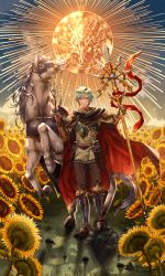Rule 34 | 1boy, armor, cape, ephraim (fire emblem), fire emblem, fire emblem: the sacred stones, floral background, flower, gauntlets, greaves, green hair, holding, holding polearm, holding spear, holding weapon, horse, looking at viewer, male focus, nintendo, pauldrons, polearm, shoulder armor, solo, spear, sunflower, tarot, the sun (tarot), wani (fadgrith), weapon