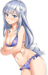 Rule 34 | 1girl, bad id, bad twitter id, bare shoulders, bikini, blue eyes, blush, bow, bow bikini, breasts, cleavage, commentary request, cowboy shot, crossed arms, eyelashes, hair ornament, hairclip, highres, idolmaster, idolmaster million live!, idolmaster million live! theater days, lips, long hair, looking at viewer, low-tied long hair, medium breasts, navel, print bikini, shiraishi tsumugi, silver hair, simple background, solo, swimsuit, white background, yoropa