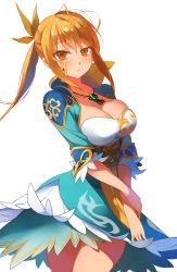 Rule 34 | 1girl, bad id, bad pixiv id, breasts, brown eyes, brown hair, cleavage, frown, jewelry, large breasts, long hair, looking at viewer, matching hair/eyes, necklace, shin sangoku musou, simple background, solo, thighs, wang yuanji, white background, yostxxx