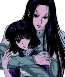 Rule 34 | 2boys, bare shoulders, black eyes, black hair, black kimono, blunt bangs, brothers, detached sleeves, hands on another&#039;s shoulders, hunter x hunter, illumi zoldyck, japanese clothes, kalluto zoldyck, kimono, long hair, looking at viewer, male focus, medium hair, mole, mole under mouth, multiple boys, obi, sash, siblings, simple background, sleeveless, upper body, white background, xg7nn