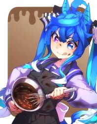 Rule 34 | 1girl, :q, @ @, ahoge, animal ears, apron, aqua hair, black apron, blue eyes, blue hair, bowl, brown background, chocolate, chocolate on clothes, chocolate on face, commentary, crossed bangs, dirty, dirty clothes, food, food on face, hair between eyes, heterochromia, highres, horse ears, long hair, long sleeves, multicolored hair, purple eyes, school uniform, simple background, smile, solo, thin (suzuneya), tongue, tongue out, tracen school uniform, twin turbo (umamusume), twintails, umamusume, v-shaped eyebrows, valentine, whisk
