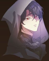 Rule 34 | 1boy, black hair, cape, closed mouth, dark fall, long hair, looking at viewer, mephisto (dark fall), red eyes, serious, solo, white cape