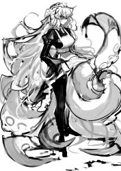 Rule 34 | 1girl, absurdres, bow, closed mouth, frilled sleeves, frills, full body, greyscale, hair bow, highres, ink, ishmael (project moon), juliet sleeves, limbus company, long hair, long sleeves, looking at viewer, maid, maid headdress, monochrome, project moon, puffy sleeves, remsrar, ringed eyes, solo, standing, tentacles, tentacles under clothes, very long hair, wide sleeves
