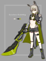 Rule 34 | 1girl, absurdres, animal ears, black bra, black panties, black socks, boots, bra, breasts, cape, closed mouth, color guide, commentary request, green cape, green eyes, grey background, grey cape, grey footwear, grey hair, gun, hair between eyes, hair ornament, hairclip, hand up, highleg, highleg panties, highres, holding, holding gun, holding weapon, hood, hooded cape, ichiren namiro, jewelry, leg strap, long hair, looking at viewer, multi-strapped panties, multicolored cape, multicolored clothes, original, panties, rabbit ears, rabbit tail, ring, short shorts, shorts, simple background, small breasts, socks, solo, standing, tail, thigh strap, underwear, weapon