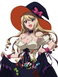 Rule 34 | 10s, 1girl, :d, aiba asagi, black hat, bow, breasts, brown eyes, brown hair, choker, cleavage, dress, earrings, hat, jewelry, long hair, looking at viewer, medium breasts, open mouth, pink bow, shiny skin, skirt basket, skirt hold, smile, solo, standing, strike the blood, transparent background, witch hat, wrist cuffs