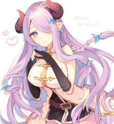 Rule 34 | 10s, 1girl, bare shoulders, black gloves, blush, braid, breasts, draph, female focus, fingerless gloves, gloves, granblue fantasy, hair over one eye, heart, horns, large breasts, leaning forward, light purple hair, long hair, looking at viewer, mayachi (amuriya), narmaya (granblue fantasy), pointy ears, purple eyes, single braid, smile, solo, very long hair