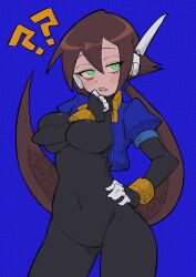 Rule 34 | 1girl, ?, ??, absurdres, aile (mega man zx), black bodysuit, blue background, blue jacket, blush, bodysuit, bodysuit under clothes, breasts, brown hair, buzzlyears, commentary, covered collarbone, covered navel, cropped jacket, faux traditional media, glowing, green eyes, highres, jacket, large breasts, long hair, looking at viewer, mega man (series), mega man zx, mega man zx advent, no pants, open clothes, open jacket, ponytail, robot ears, sharp teeth, simple background, solo, teeth