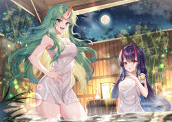 Rule 34 | 2girls, :d, :o, absurdres, bamboo, bathing, blonde hair, blue hair, blush, breasts, character request, cleavage, colored inner hair, fence, full moon, green hair, hand on own chest, hand on own hip, highres, horns, lantern, long hair, looking at viewer, masterwork apocalypse, medium breasts, moon, multicolored hair, multiple girls, naked towel, night, night sky, onsen, open mouth, outdoors, parted lips, partially submerged, purple hair, red eyes, shanguier, single horn, skin-covered horns, sky, smile, standing, teeth, tokkuri, towel, two-tone hair, upper teeth only, very long hair, water, wooden fence, wooden floor
