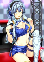 Rule 34 | 1girl, alternate costume, arms up, bandeau, blue bandeau, blue eyes, blue hair, blush, boots, breasts, car, checkered background, cleavage, crop top, gotland (kancolle), hair between eyes, hair bun, headphones, headset, kantai collection, kuurunaitsu, large breasts, long hair, looking at viewer, mole, mole under eye, motor vehicle, navel, open mouth, race queen, red cat, single hair bun, sitting, skirt, smile, solo, swimsuit, thigh boots, thigh strap, thighhighs, vehicle, white footwear