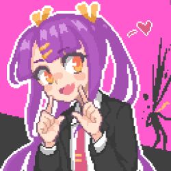 Rule 34 | 1girl, black suit, blush, blythe (hcnone), fang, formal, hair ornament, hairclip, hcnone, heart, long hair, long sleeves, looking at viewer, necktie, open mouth, orange eyes, original, pixel art, purple hair, red necktie, ribbon, skin fang, smile, solo, suit, tie clip, twintails, upper body, yellow ribbon
