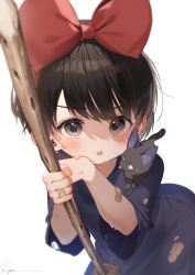 Rule 34 | 1girl, animal, animal on shoulder, bandaid, bandaid on arm, bandaid on hand, black cat, black dress, black hair, blurry, blurry foreground, blush, bow, broom, brown eyes, cat, dress, eyes visible through hair, hair bow, highres, holding, holding broom, jiji (majo no takkyuubin), kiki (majo no takkyuubin), leaning forward, looking at viewer, majo no takkyuubin, red bow, ryota (ry o ta), scratches, shadow, short hair, short sleeves, signature, simple background, solo, standing, sweat, torn clothes, upper body, white background