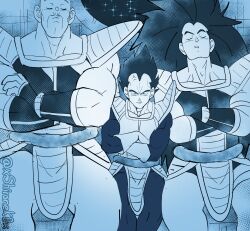 Rule 34 | annoyed, bald, blue theme, commentary, crossed arms, dragon ball, dragonball z, english commentary, highres, long hair, male focus, manspreading, muscular, muscular male, nappa, pelvic curtain, raditz, receding hairline, saiyan armor, shironek0, side-by-side, sitting, sky, sleeping, spiked hair, spread legs, star (sky), starry sky, thick eyebrows, thighs, vegeta, very long hair